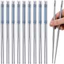 10 Pairs Stainless Steel Chopsticks Dishwasher Safe - 22.4cm/8.82inch Reusable Metal Non-slip Chopstick, Blue & White Pattern Chinese Style Chop Sticks (Silver)