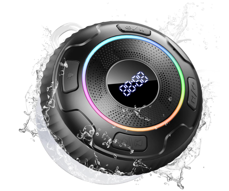 Hupoaf Bluetooth Shower Speaker, Wireless Bluetooth 5.3, HD Sound, Portable Speaker with Suction Cup/Hook, IPX7 Waterproof, with LED Light/Time Display, for Bathroom/Outdoor/Party/Beach/Kayak/Gift