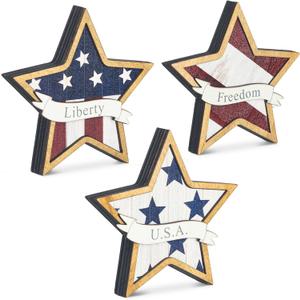 3 Pcs 4th of July Table Star Signs Tiered Tray Decor Independence Day Table Wooden Decoration Patriotic American Flag Theme Star Standing Blocks for Memorial Day Home Office(Stylish)