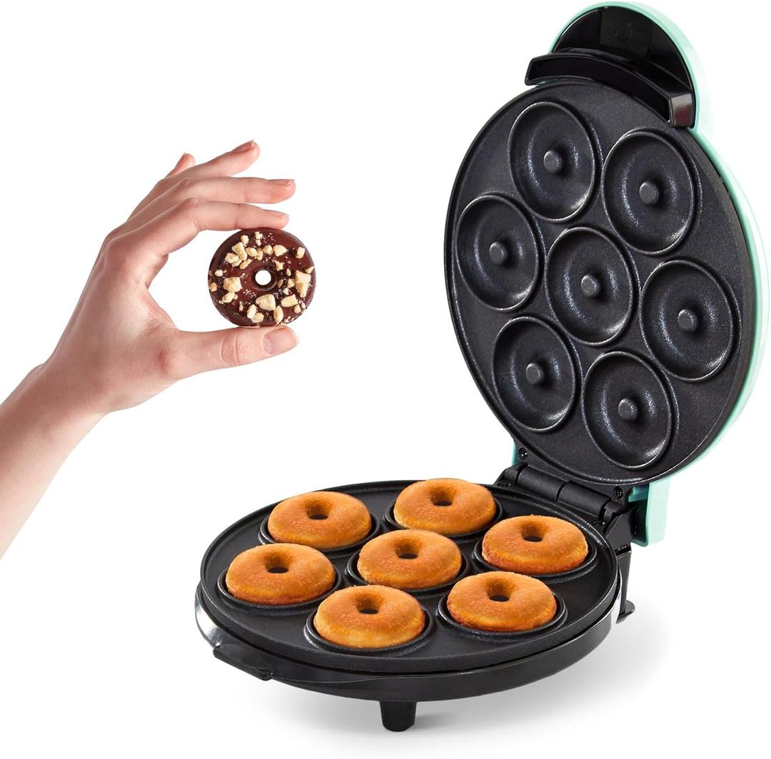 Dash Express Mini Donut Maker - Homemade Dessert Maker - Features Double-Sided, Non-Stick Surface & Space-Saving Design - Makes 7 - Aqua