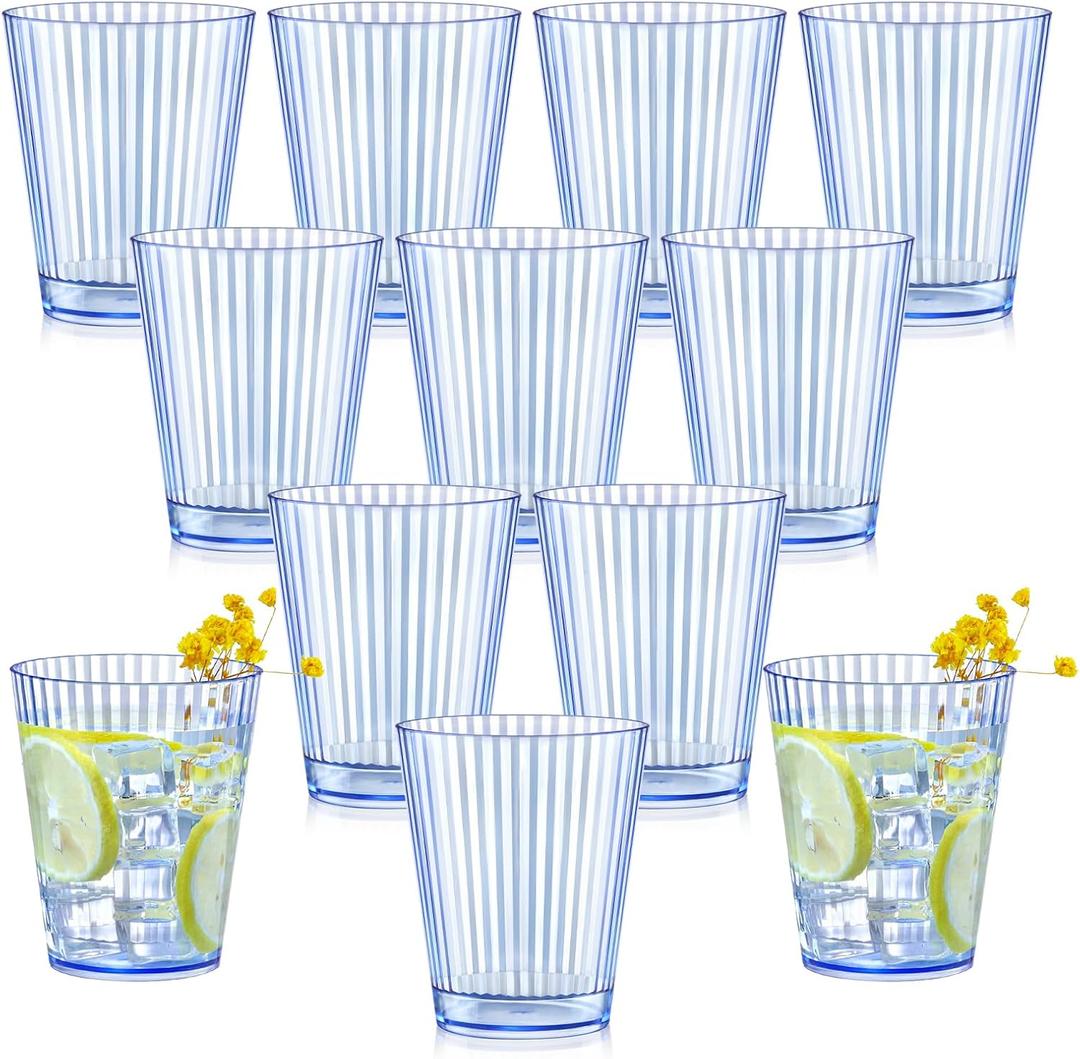 12 PCS Plastic Ribbed Drinking Glasses 10oz Blue Unbreakable Vintage Ripple Stemless Wine Glasses Cocktail Tumbler Glass Cups Disposable Retro Glasses Drinkware for Wedding Baby Shower Birthday Party