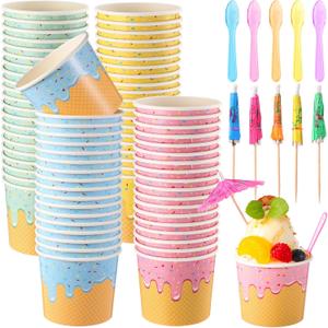 40 Set 6 oz Paper Ice Cream Cups with 40 Plastic Spoons 40 Mini Cocktail Drink Umbrellas Disposable Dessert Bowls Ice Cream Sundae Kit for Summer Birthday Party Favor Supplies