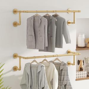 Industrial Pipe Clothing Racks 2 Pack, 36.2In Wall Mounted Clothes Rack, Gold Wall Clothing Racks for Hanging Clothes, Space Saving Closet Hanging Rod for Laundry Room, Bedroom