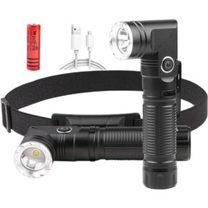 USB Rechargeable 2 in 1 Headlamp Flashlight 5000 Lumen Aluminum Compact 90 Degree Rotating Swivel Head Work Light; Waterproof Pocket Clip Magnetic Base for Hands-Free Flashlights for Hard Hat Working