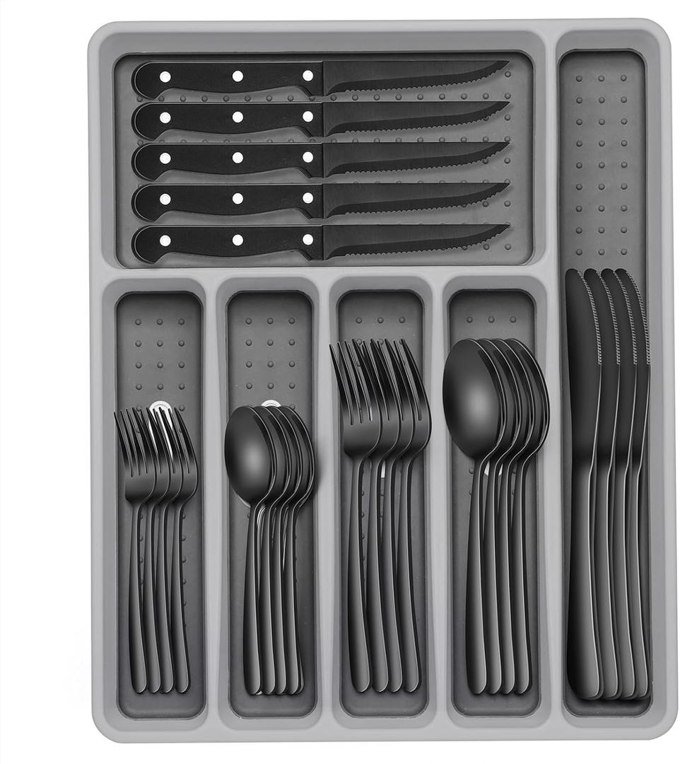 49-Piece Black Silverware Set with Organizer, Heavy Duty Stainless Steel Flatware for 8, Cutlery Utensil Sets with Steak Knives, Rust-proof, Mirror Polished, Dishwasher Safe, Black Heavy Duty