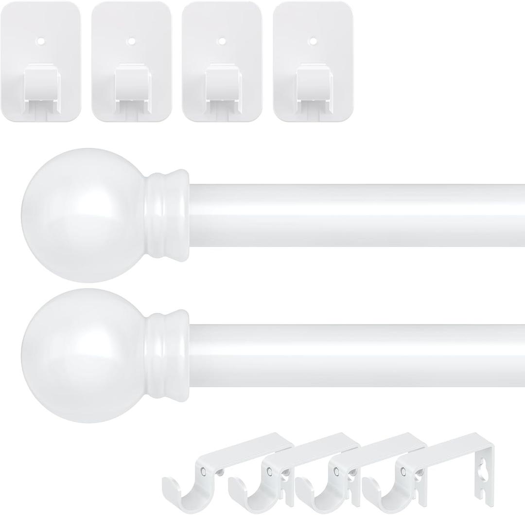 2 Pack White Curtain Rods No Drilling, 5/8 Inch Renter Friendly Curtain Rod for Windows 28 to 48 with 2 Types of Brackets