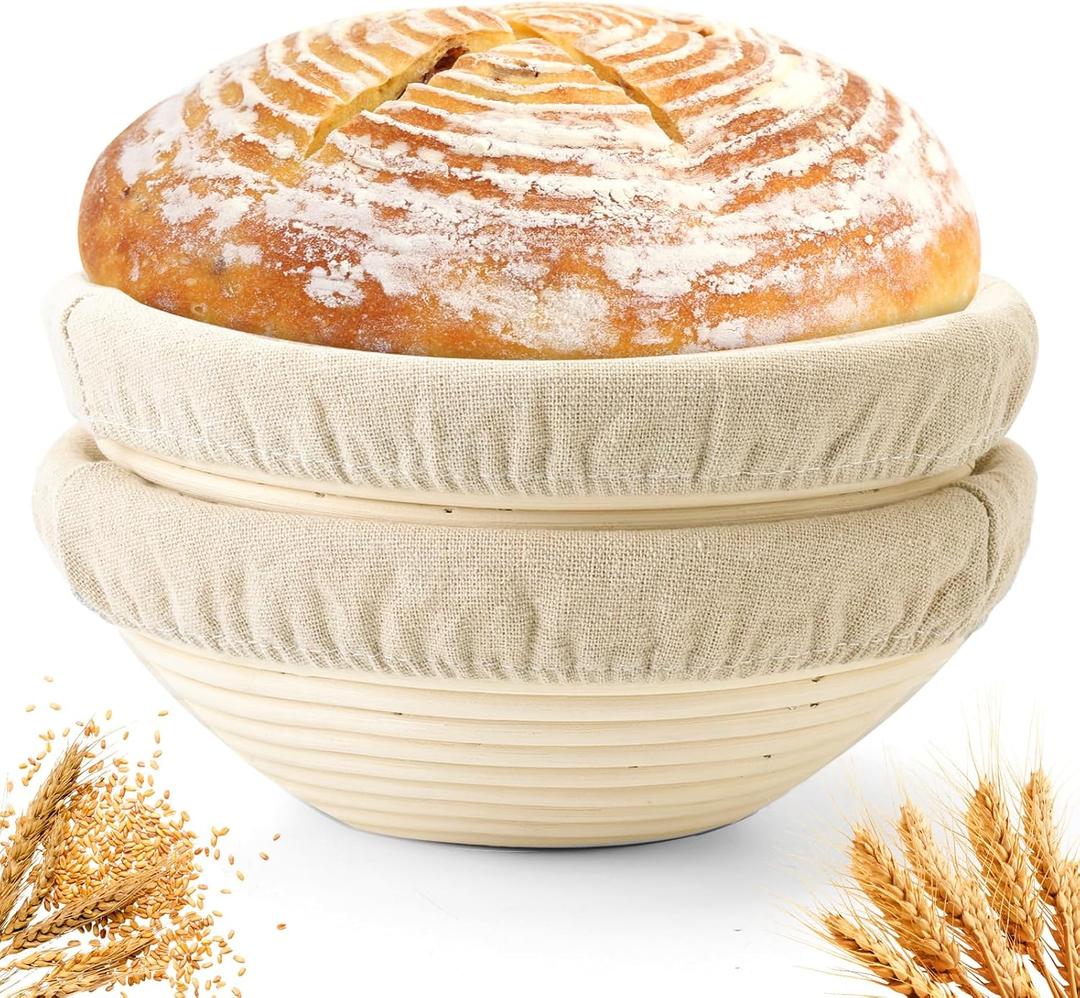 Bread Proofing Baskets Set of 2 10 inch Round Dough Proofing Bowls W/Liners Perfect for Home Sourdough Bakers Baking (10Inch, Round)