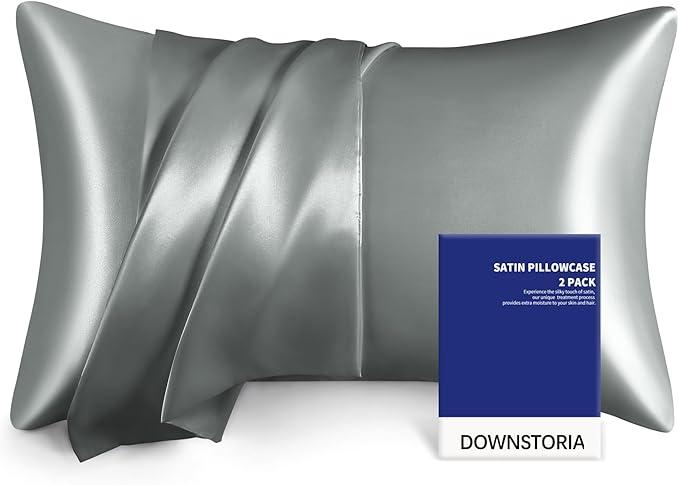 Satin Pillowcase for Hair and Skin Similar to Silk Pillow Cases 2 Pack,Smooth and Cooling, Grey Pillow Cover with Envelope Closure Set of 2, Gifts for Women Men(20x26 Inches, Light Gray)
