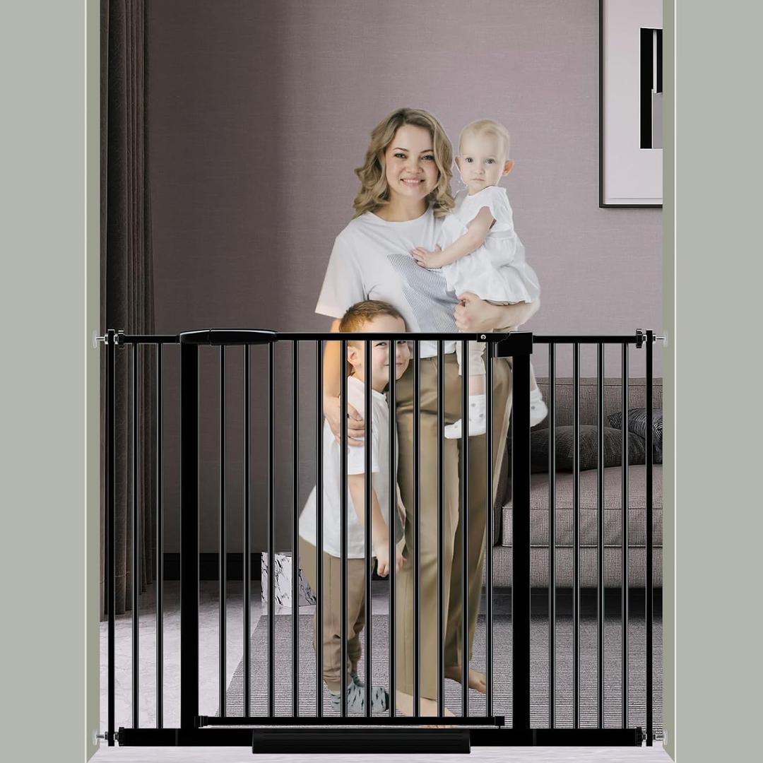 DEARBB Extra Wide Baby Gate Ultra Narrow Spacing 30.11-77.36" Pressure Mounted Double Lock Swing Auto Close Walk Through Metal Safety Pet Gate for Stairs and House Doorway Kitchen (34.05"-45.86", Black)