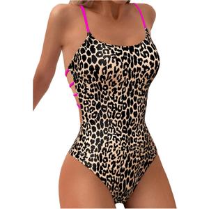 WDIRARA Women's Leopard Print One Piece Swimsuit Cut Out Backless Monokini Ring Linked Bathing Suit (Medium, Multicolor)
