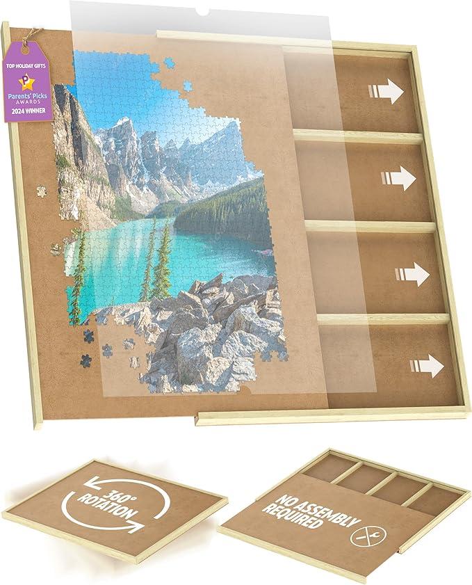 1500 Piece Wooden Jigsaw Puzzle Table - 4 Drawers, Rotating Puzzle Board | 35” X 28” Jigsaw Puzzle Board | Puzzle Cover & Lazy Susan Included - Portable Puzzles Tables for Adults and Kids