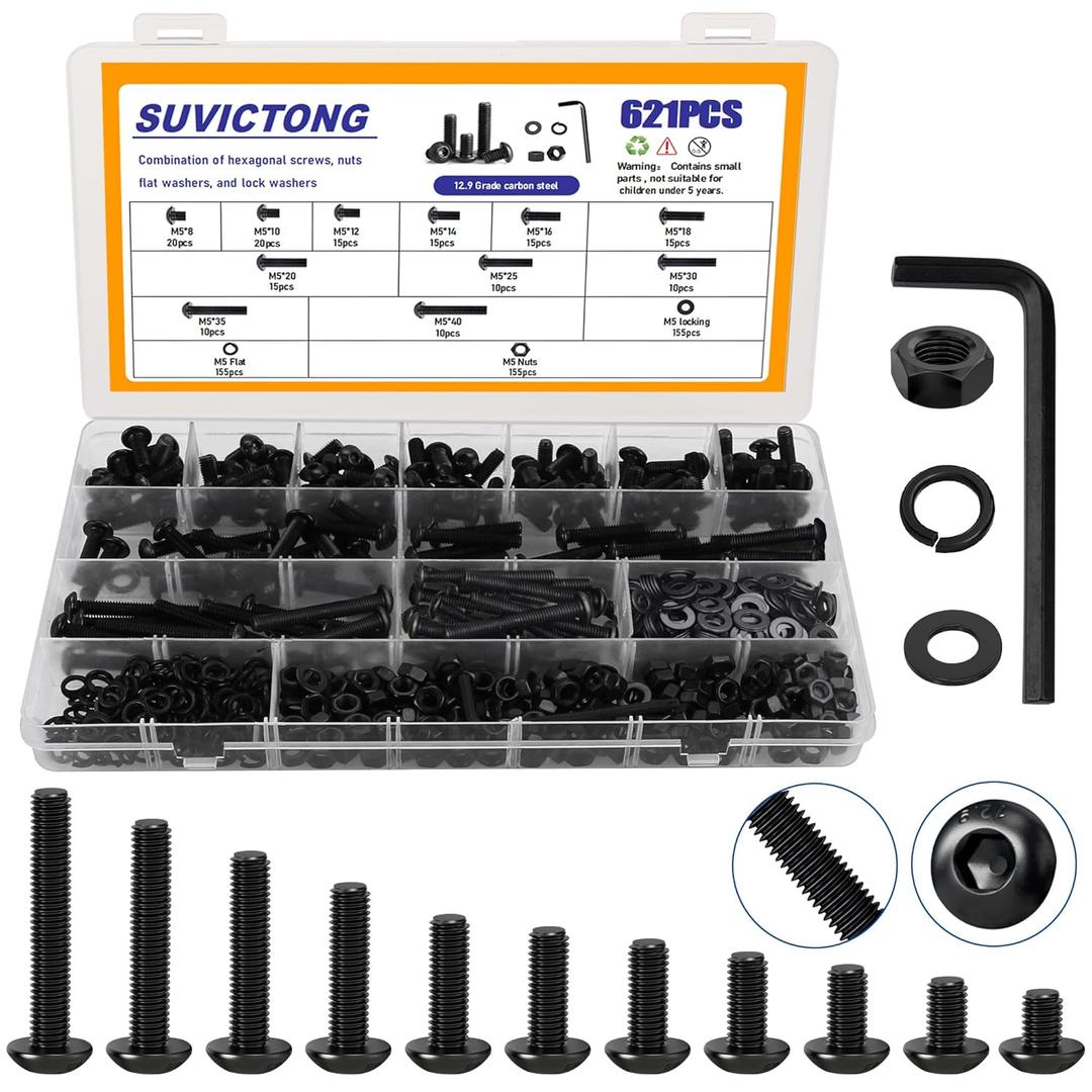 621PCS Black M5 Button Head Hex Socket Cap Screws, M5x8/10/12/14/16/18/20/25/30/35/40mm Metric Screws Bolts Nuts Washers Assortment Kit with Wrench,12.9 Grade Carbon Steel,Black Oxide Finish