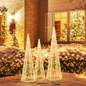 Set of 3 Pre-lit Christmas Cone Trees Xmas Decoration with Star String & 90 Lights