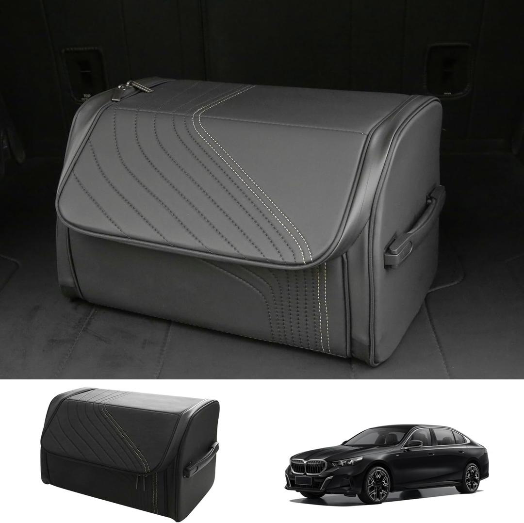 TOPABYTE Car Trunk Organizer with Lid and Sturdy Handle Foldable Durable Premium Leather Storage Box Cargo for BMW SUV Sedan Truck, Black