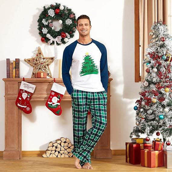 IFFEI Matching Family Pajamas Sets Christmas PJ's Letter Print Top and Plaid Bottom Sleepwear Jammies with Pockets (XX-Large, Men, Green Tree)