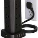 Power Strip Tower Surge Protector, 6FT Flat Plug Extension Cord with Multiple Outlets, 12 AC Outlets 4 USB (2 USB C), Desktop Charging Station with Surge Protection for Home Office Dorm Room, Black