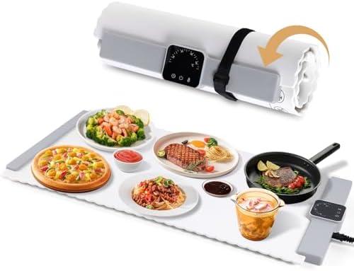 Food Warming Mat - 5 Temperature Settings, 4-Hour Timer, Child Lock, Flexible Silicone, Easy Clean, Multi-Use, Perfect for Home, Parties, and Picnics