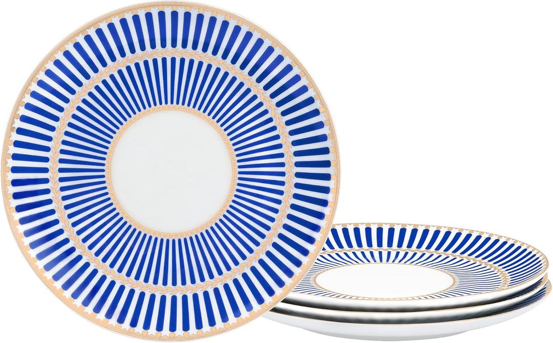 Fanquare 8" Modern Blue Stripe Dessert Plates Set of 4, Porcelain Dinner Plates for Pasta, Appetizer