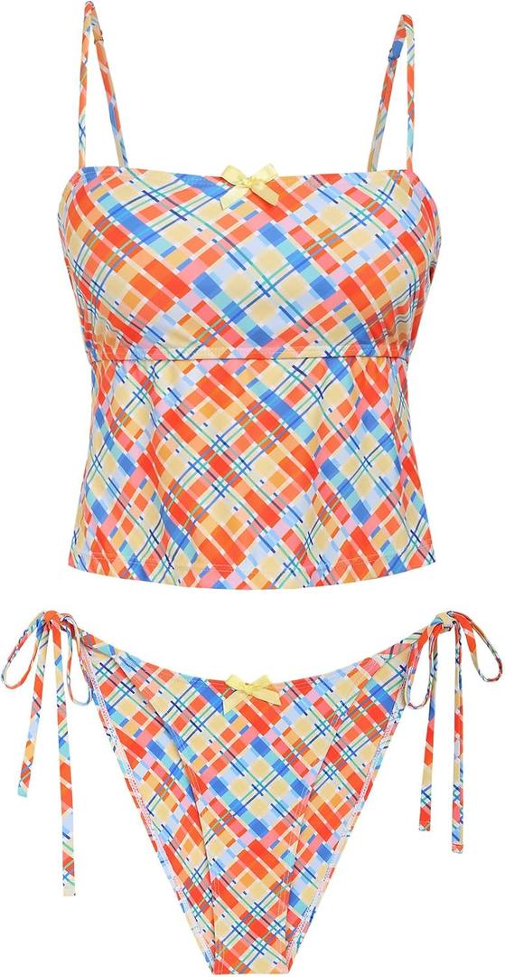 seamoly Women's Tankini Sets Sexy Open Back Two Piece Swimsuit High Cut Side Tie Thong Bathing Suit Floral Gingham Bikini (S)