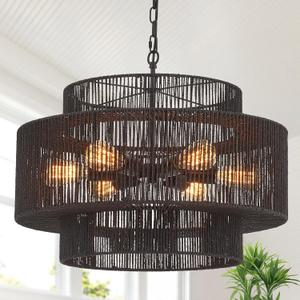23.6" Large Black Rattan Chandelier Light Fixture 6-Light Hand-Woven Rustic Chandeliers 3-Tier Boho Drum Wicker Chandelier for Dining Room, Kitchen Island, Bedroom, Foyer