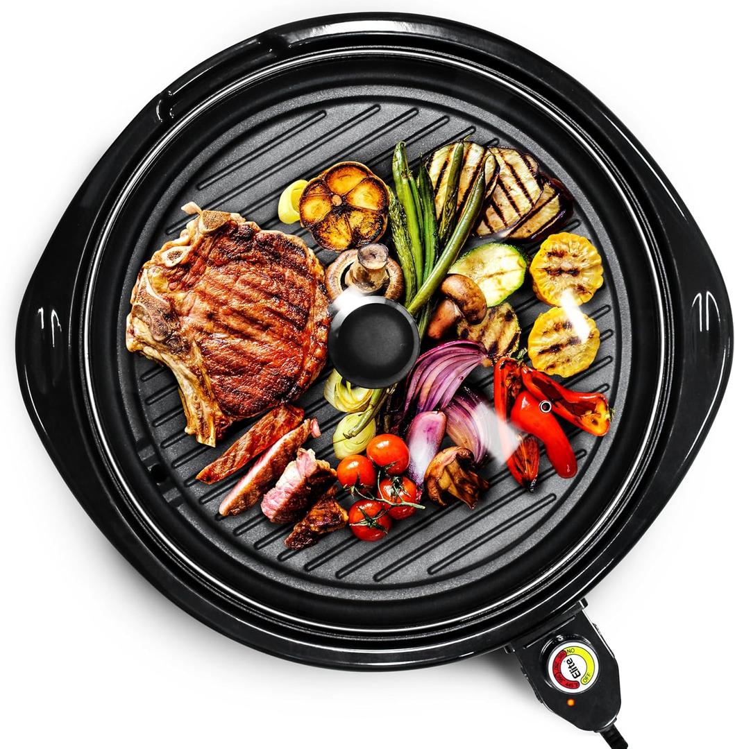Elite Gourmet EMG-980BX Large Indoor Electric Round Nonstick Grill Cool Touch Fast Heat Up Ideal Low-Fat Meals Dishwasher Safe Includes Glass Lid, 14", Black (Granite)