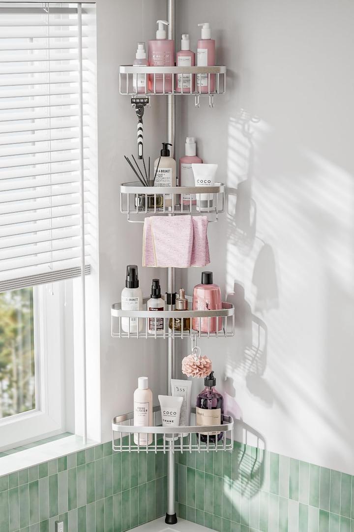 ESSEME Corner Shower Caddy Tension Pole: Adjustable Rustproof 4-Tier Inside Bathroom Organizer - 47-121 inch Quick Installation Bathtub Shelves for Shampoo Storage - Rod Floor Standing Bath Rack