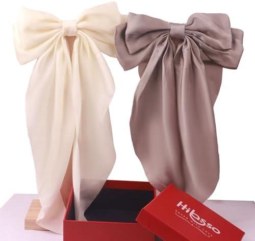 Pack of 3 Hibasso Large 2-Piece Silky Satin Hair Bows Set for Women, Girls with Long Tails and Metal Clips – Aesthetic bow hair clip, Stylish Hair Accessories (Gray & Beige)
