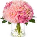 Hollyone Artificial Flowers Arrangements in Vase Pink Peonies and Hydrangea with Faux Water Faux Peony Hydrangea Flowers Silk Hydrangeas Fake Flower with Vase for Table Centerpiece Shelf Home Decor