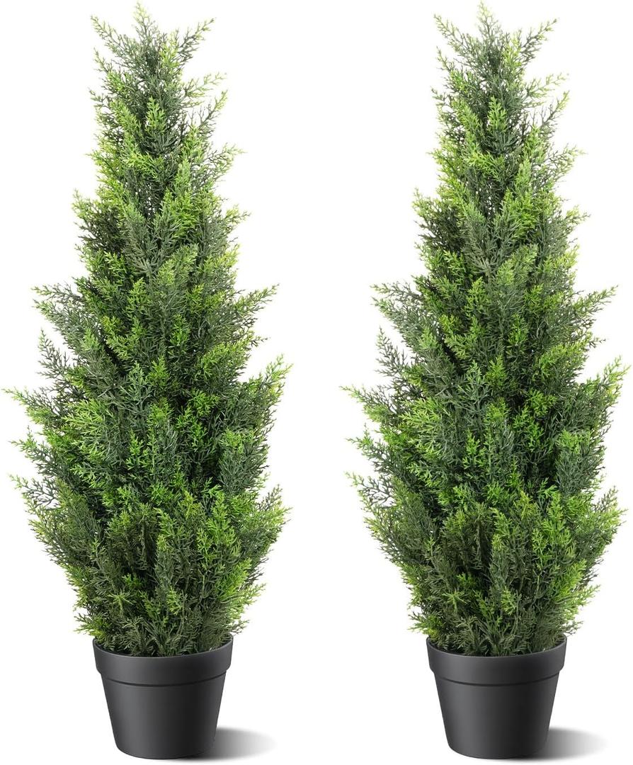3FT Artificial Cedar Topiary Trees 2 Set, Realistic Fake Cypress Tree Tall Faux Pine Shrubs Plants Artificial Cypress Trees for Home Offices Porch Decor