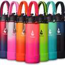 Farsea Insulated Water Bottle With Paracord Handle, Protective Silicone Boot and 2 Lids (Straw Lid & Spout Lid), Stainless Steel Water Bottle Wide Mouth, Double Wall Sweat-Proof BPA-Free, 24 oz (Coral/Punch)