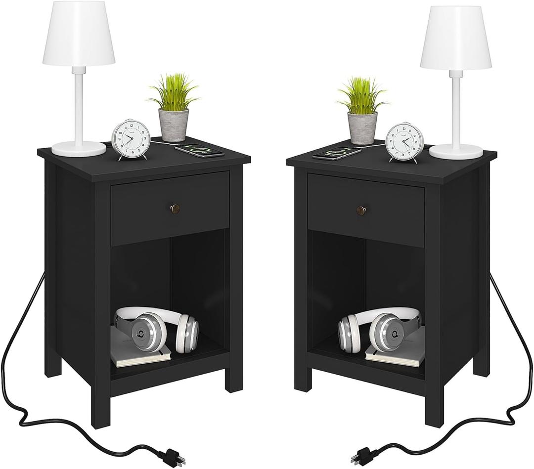 ChooChoo Black Nightstand Set of 2,Night Stand with Charging Station, Wooden Top Bedside End Table with Drawer and Storage Space for Bedroom (Black)