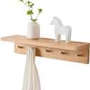 Oak Wood Wall Shelf with 5 Hooks, Entryway Shelf Coat Rack with Hooks Floating Shelves with Hooks for Clothes Hats Towel Purse Robes, Bathroom Mudroom Bedroom (20 inch)
