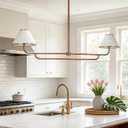 54.25" Modern Linear Chandelier for Dining Room, 2-Light Kitchen Island Pendant Light with Natural White Linen Shades and Gold Metal Frame, Adjustable Living Room Entryway Lighting Fixture