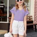 2 x Arshiner Girls T Shirts Double Layer Ruffle Short Sleeve Casual V Neck Kids Summer Tops Blouse Tee, 130 (Purple)