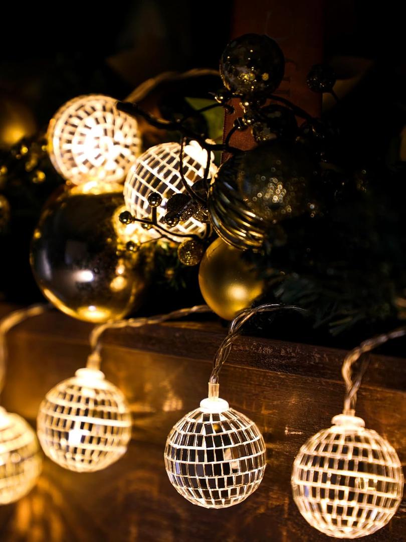 BBTO LED Disco Ball String Light Battery Powered Mirror Balls Ornaments for Outside Backyard Porch 70s 80s Disco Party Supplies(1.18 Inch,Warm Silver)