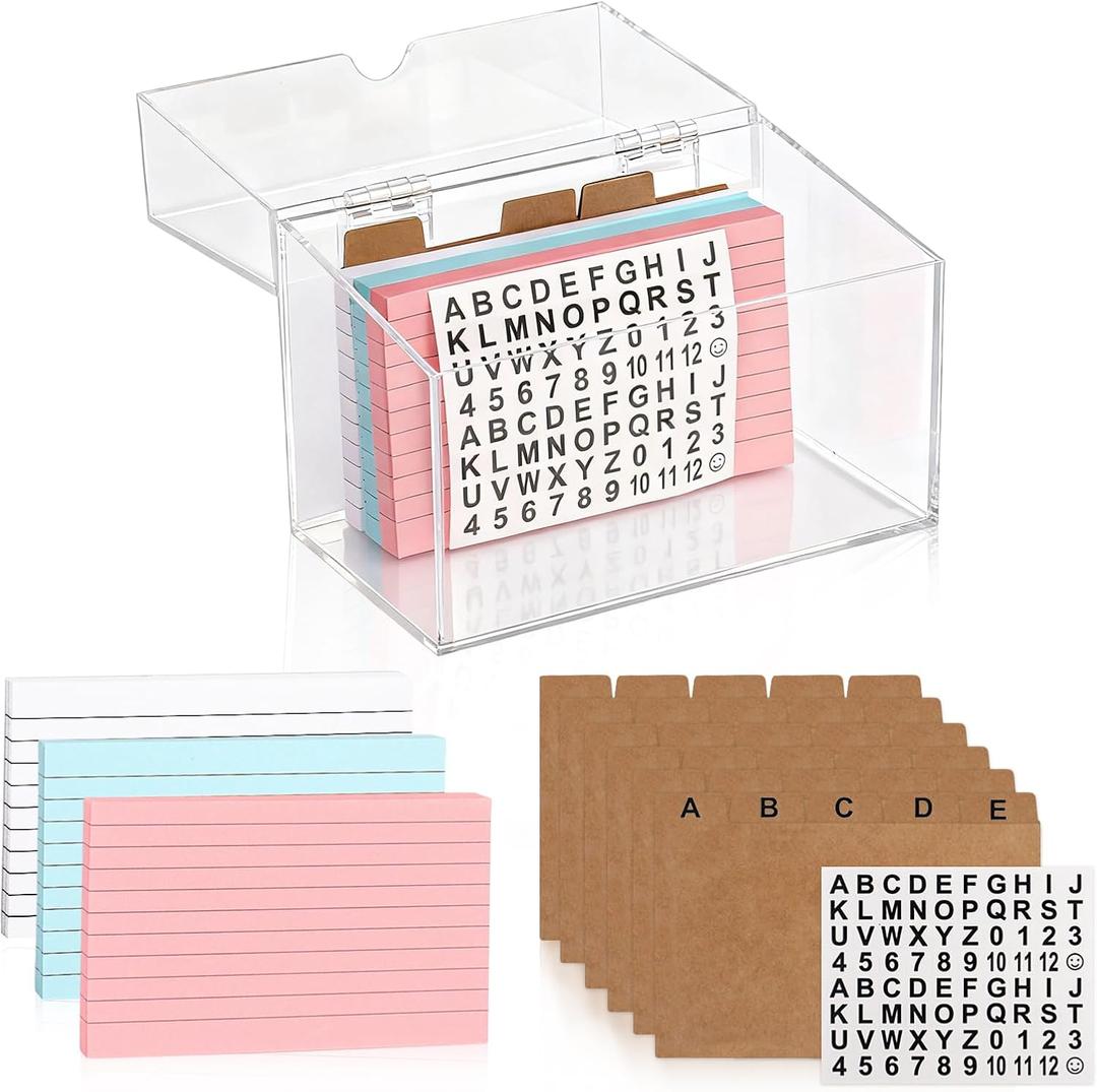 Acrylic Index Card Box 4x6, Index Card Business Card Organizer Clear Index Card Holder with 30 Kraft Dividers 150 Index Cards A to Z Stickers for Hold 400 Tab Letter Note