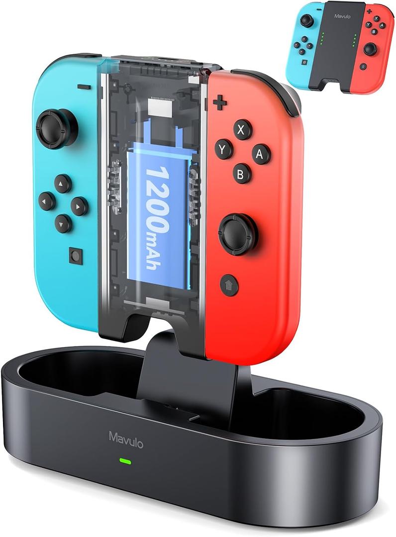 Mavulo Charger Grip for Joy Con with 1200mAh Battery Steel Slide Rails, Cable-Free Charging Dock for Nintendo Switch Controllers