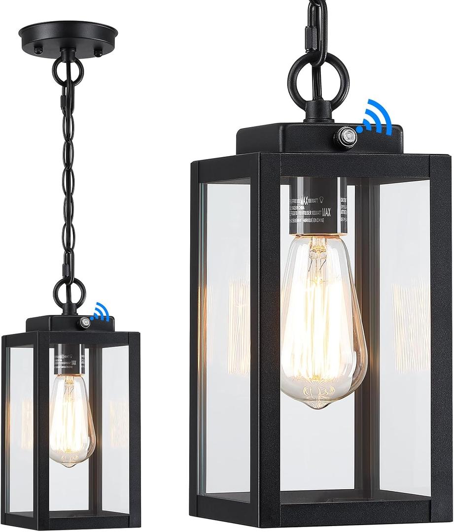 11'' Dusk to Dawn Outdoor Pendant Light, Modern Outside Chandelier Outdoor Hanging Lantern Light, Matte Black with Clear Glass, Exterior Pendant Lighting Fixture for Porch, Yard, Gazebo, 1Pack (Small)