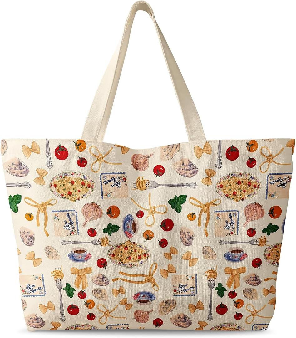 Large Tote Bag for Women - Canvas Tote Bag with Zipper Aesthetic Reusable Shoulder Bag for Gym, Travel, Work