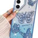 BITOBE Designed for Samsung Galaxy S24 / S25, Cute 3D Butterflies Case Slim Plating Glitter Bling Luxury Rhinestone Cover for Women Girls Protective Camera Protection Bumper 6.2" Blue