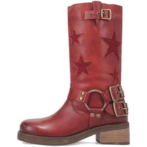 KISTANIA Women's Knee High Riding Boots Square Toe Chunky Heel Fashion Buckle Belts Cowboy Cowgirl Moto Boots with Stars (6, Red)