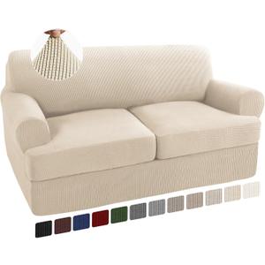 Turquoize 3 Piece T Cushion Loveseat Slipcovers Sofa Cover for 2 Cushion Couch Cover Washable Slipcover Furniture Covers with 2 Individual T Cushion Seat Covers (2 Cushion Loveseat, Biscotti Beige)