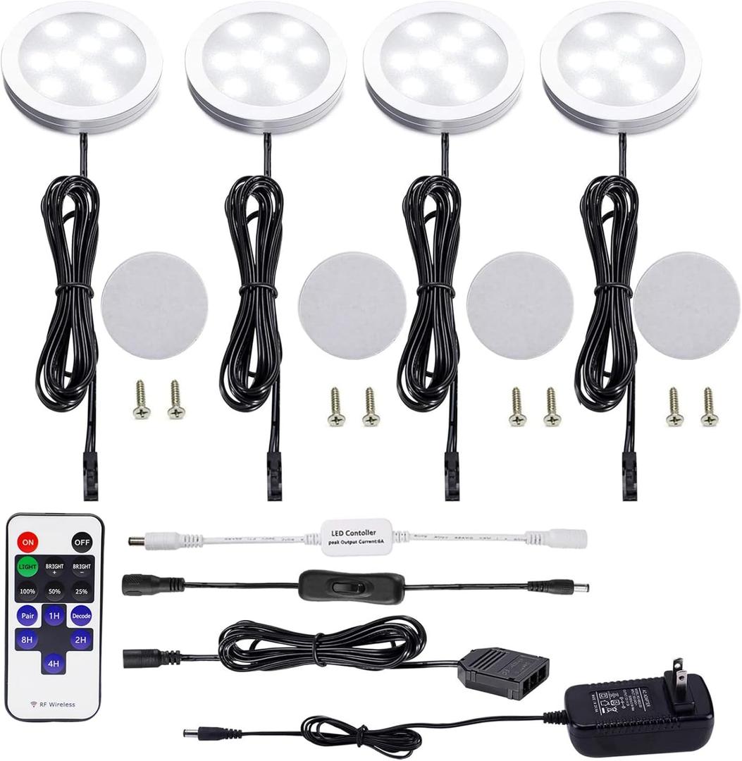 AIBOO LED Under Cabinet Lighting Kit 4 Packs of 12V Puck Lights with RF Dimmable Wireless RF Remote Control for Kitchen Counter Accent Lighting(Daylight White)