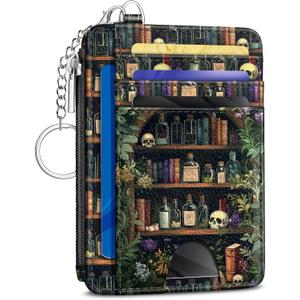 Goth Bookshelf Skull Credit Card Holder Small Wallet Women, Gothic Witchy Slim RFID Blocking Wallet Woman Keychain Zipper Coin Pocket, Front Pocket Thin Travel Card Case ID Window Ladies Gift