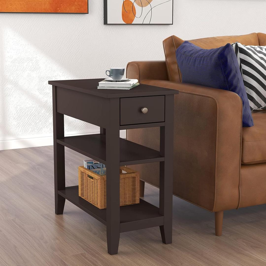 ChooChoo Side Table Living Room, Narrow End Table with Drawer and Shelf, 3-Tier Sofa End Table for Small Space, Espresso