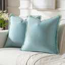 FUTEI Aqua Velvet Decorative Throw Pillow Covers 18x18 Set of 2,Soft Cozy Edge with Tassels Cushion Case,Boho Modern Home Decor for Couch Bed Living Room (18" x 18" (Pack of 2), Aqua)