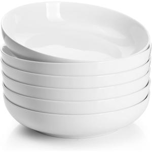 Sweese 22oz Porcelain Pasta Bowls Set of 6-7.6 Inch White Salad Serving Plates, Microwave Dishwasher Safe Dinnerware