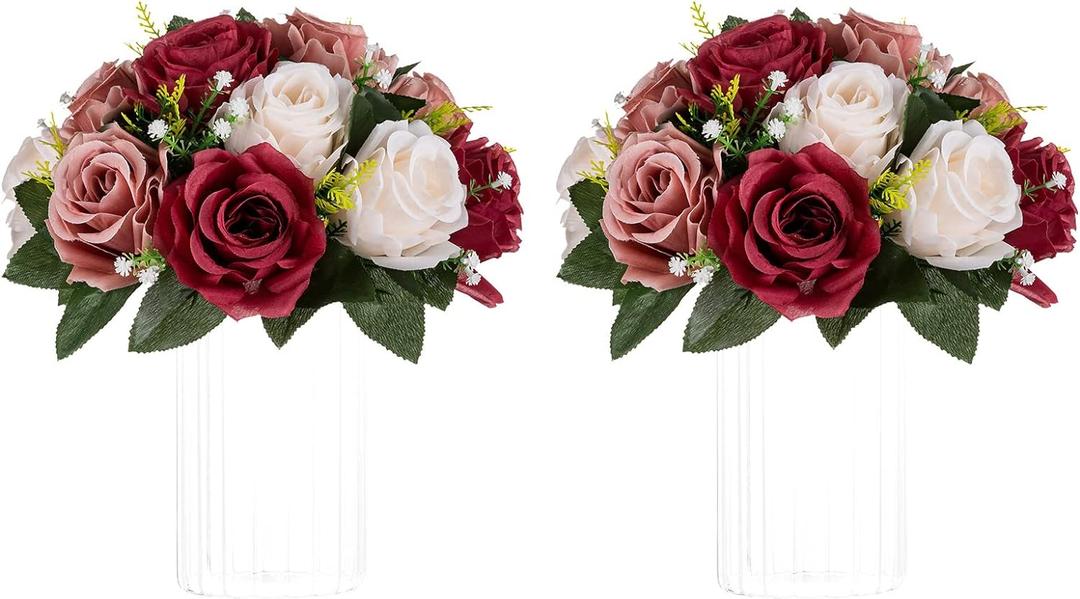 NUPTIO Artificial Flower Centrepieces for Tables - 2 Pcs Burgundy & Dusty Rose & Creamy White Fake Flowers Roses Balls 9.5in Diameter - Silk Faux Rose Arrangement for Wedding Party Table Decor