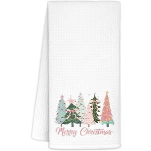 Merry Christmas Tree Kitchen Towels 16x24 Inch, Coquette Pastel Bow Christmas Tree Hand Towels for Bathroom Decorative, Preppy Pink Xmas Dish Tea Towel for Kitchen Decor