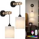 Battery Operated Wall Sconces Set of 2,Rechargeable Wireless Wall Lights with RGB & Dimmable Remote, No Wiring Renter Friendly, Modern Wood & Linen Wall Lamps for Bedroom Bedside Living Room.